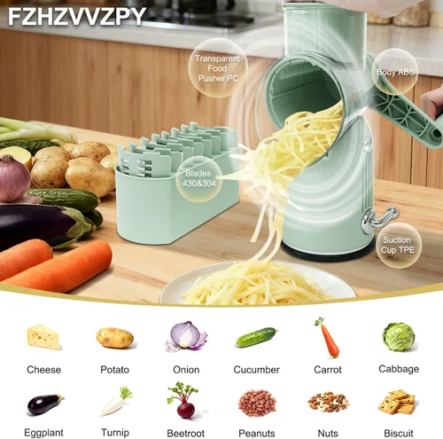 Miniatura 3 de Rallador de queso 5 en 1 con manivela giratoria, picador de verduras con cuchillas de acero inoxidable reemplazables, base de succión fuerte, mango