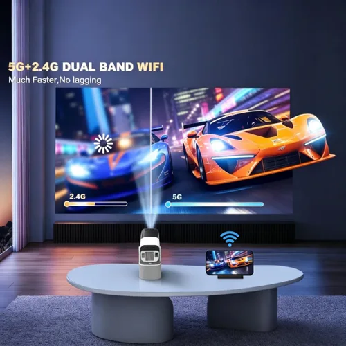 Miniatura 6 de Proyector portátil KTV JY320, mini proyector compatible con 4K con 2 micrófonos inalámbricos, WiFi6, Bluetooth, giratorio de 180°, proyector de cine