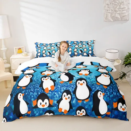 Juego de funda de edredón de pingüinos de dibujos animados para niños, tamaño King, bonito juego de ropa de cama de animales de poste ártico,