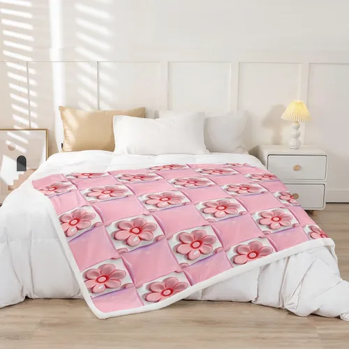 Miniatura 2 de Pink Floral Flannel Blanket,3D Vivid Flower Throw Blanket,Splicing Geometric Girds Fuzzy Blanket for Sofa Bed Living Room Decor,Girls Women Romantic