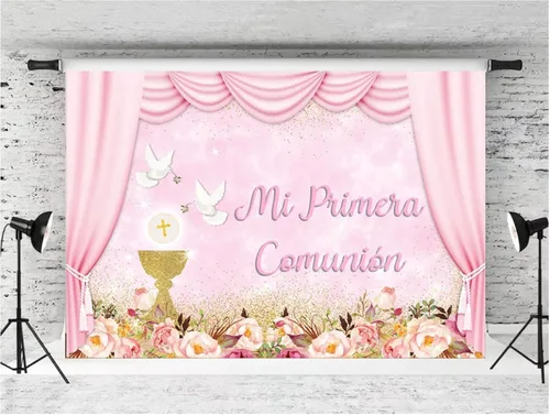 Miniatura 3 de Fondos de fotografía de niña bautizo Mi Primera Comunión Bautismo brillante Cáliz Cortinas de fondo decorativas de vinilo para estudio de fotografía