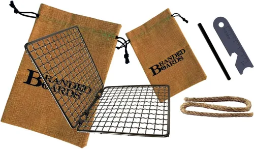 Miniatura 6 de Parrilla portátil de Bushcraft con rejilla para barbacoa de acero inoxidable, tabla de cortar de bambú, bolsa de arpillera, cuchillo mini, kits