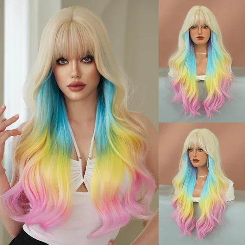 Miniatura 9 de 7JHH WIGS Pelucas de 24 pulgadas de largo, ondulado, color castaño oscuro, rubio, con raíces oscuras, rizado, afro, grande, flexible, esponjoso