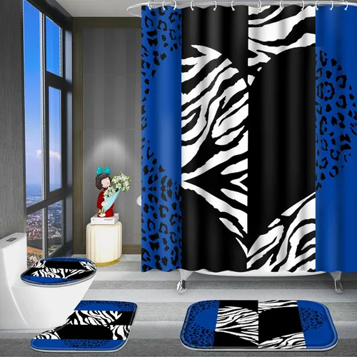 Poedist - Juego de cortinas de ducha para baño, 4 piezas, diseño de leopardo azul brillante, incluye cortinas de ducha y tapetes para baño (tapete