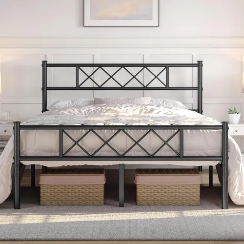 Yaheetech Base de cama de plataforma metálica de tamaño Full con cabecero y pie de cama simples, base de colchón para almacenamiento debajo de la