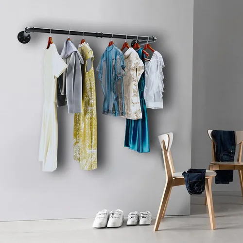 Miniatura 3 de Perchero industrial de tubería, resistente y desmontable, para colgar en la pared, barra de ropa rústica para ahorrar espacio, barra multiusos