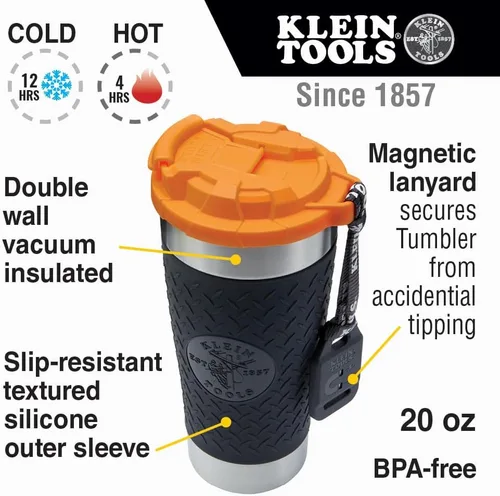 Miniatura 2 de Klein Tools 55580 - Vaso de acero inoxidable con tapa abatible, taza de vacío de doble pared de 20 oz para comerciantes, con funda antideslizante