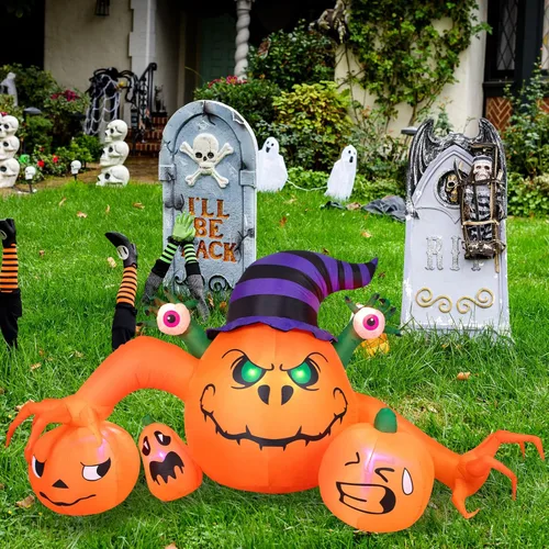 Miniatura 6 de Decoraciones inflables de Halloween de 8 pies de largo, decoraciones de calabaza con luces LED integradas, linterna inflable para interiores