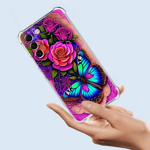 Miniatura 3 de Funda para Galaxy S22, Protección Azul con Flores de Mariposa y Rosas, Funda Anti-Choque y Anti-Arañazos de TPU de Cuerpo Completo para Samsung