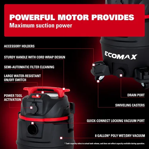 Miniatura 6 de ECOMAX - Extractor de polvo, aspiradora de 8 galones y 6.5 HP HEPA para herramienta eléctrica Semi-Auto Filter Clean, Dust-Full Indicator