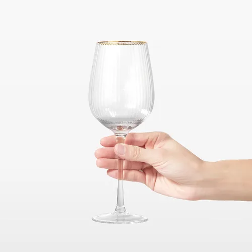 Miniatura 4 de Royalrose Juego de 4 copas de vino alegres de alta calidad, vasos soplados a mano de 14.2 onzas con borde dorado, diseño estriado, elegante embalaje