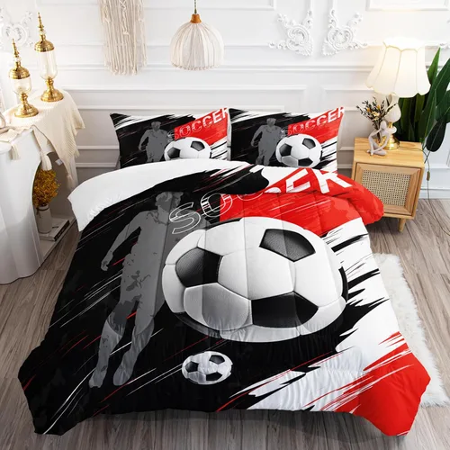 Miniatura 14 de AILONEN Football Themed Children's Double Three piece Bedding Set, Boys' Sports Printed Duvet Cover, Blue Orange Sports Blanket, 2 Pillowcases