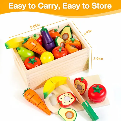 Miniatura 8 de Comida de juguete de madera para niños pequeños, juego de corte de frutas y verduras para niños, accesorios de cocina de juguete para niños y niñas