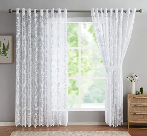 Miniatura 6 de LinenZone Par de 2 paneles de cortina de encaje de punto con parte inferior festoneada. Elegantes cortinas de encaje de granja para sala de estar