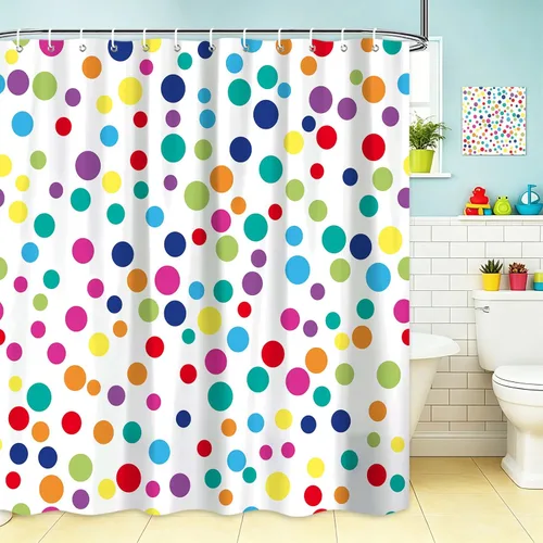 Cortinas de ducha para baño con diseño de arco iris para niños, cortina de baño geométrica retro colorida con lunares, color blanco, moderno,
