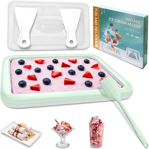 SUS 304 Home DIY - Máquina para hacer helados enrollados de 10.24 x 8.24 pulgadas de ancho/tapa y 2 espátulas, bandeja de helado instantánea para