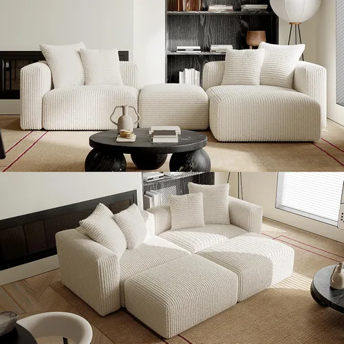 Miniatura 14 de Acanva - Sofá modular convertible de corduroy en forma de L, 4 plazas con combinación libre de esquina, convertible a cama diurna, sofá amplio