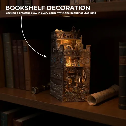 Miniatura 4 de Dreams Delivery - Kit de rincón de libro, barco pirata de 172 piezas, kit de casa en miniatura LED para bricolaje, rompecabezas de madera 3D, kit
