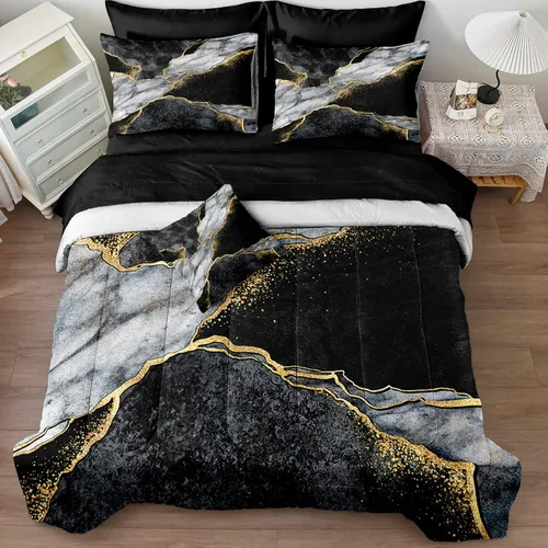 Miniatura 7 de Merryword - Juego de edredón de mármol negro, tamaño individual, 6 piezas, ropa de cama en una bolsa, diseño de mármol metálico dorado con 1