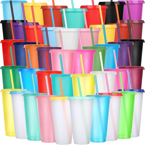 Miniatura 13 de Honeydak Paquete de 60 vasos con popote y tapa, vasos a granel para regalos, tazas de café de plástico con purpurina de 24 a 27 onzas, botella
