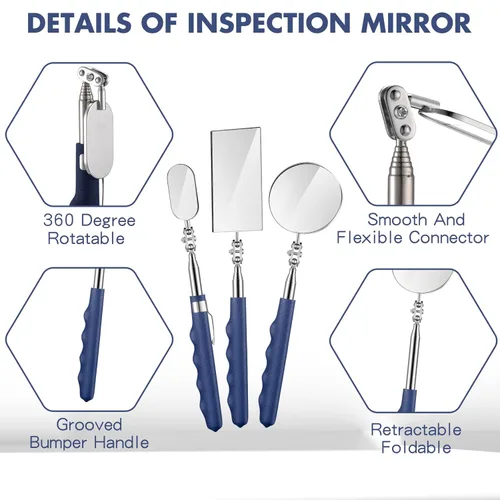 Miniatura 3 de Copkim 3 piezas de espejo de inspección telescópico de acero inoxidable extensible con mango largo para técnicos, mecánicos, contratistas