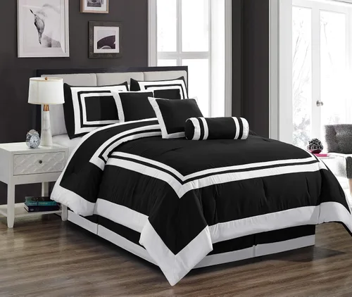 Chezmoi Collection Caprice Juego de ropa de cama con edredón, de 7 piezas, estilo hotel, con patrón cuadrado en bloque de color moderno, color