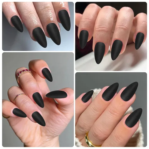Miniatura 6 de 240 uñas postizas a presión con diseño de almendra de longitud media, uñas negras mates con diseño de almendra, puntas de uñas postizas cortas