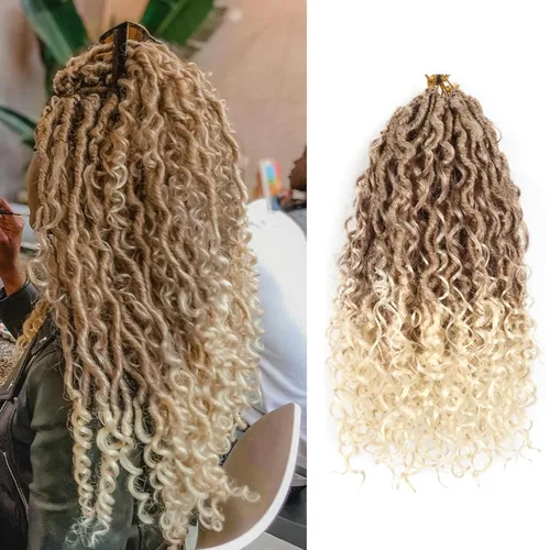 Miniatura 32 de Cabello de Crochet de 8 Pulgadas para Mujeres Negras, 7 Paquetes de Cabello de Crochet Goddess Locs con Puntas Rizadas, Locs Falsos Cortos con Bucle