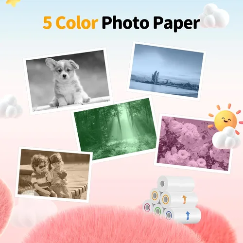 Miniatura 3 de Cámara de impresión instantánea para niños con papel de impresión de 5 colores, foto de 48MP, video 1080P, 21 marcos divertidos, tarjeta de 32GB