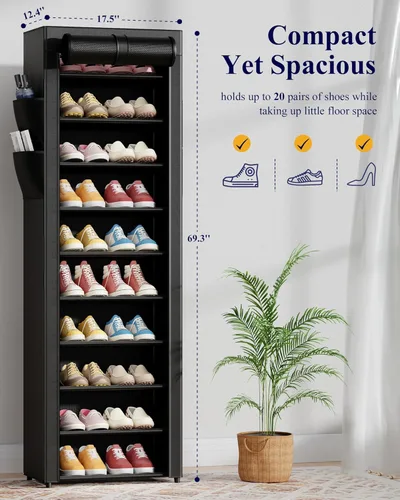 Miniatura 3 de Kitsure Zapatero – Estante organizador de zapatos de gran capacidad de 10 niveles con cubierta antipolvo y bolsillos laterales, zapatero de metal a