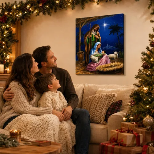 Miniatura 8 de BANBERRY DESIGNS Nativity - Lienzo decorativo para pared, cuadro LED de la Sagrada Familia con María José y el Niño Jesús, escena de establo