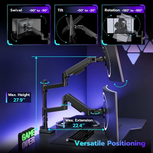 Miniatura 4 de ARES WING Soporte de escritorio con brazo de doble monitor para monitores ultraanchos de 17 a 49 pulgadas, soporte de monitor doble resistente