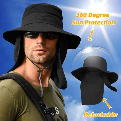 Miniatura 4 de Sombrero de pesca para hombre, sombrero de protección solar con malla extraíble, cubierta de solapa para el cuello, correa resistente al viento