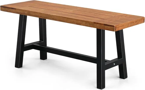 VINGLI Banco de exterior con patas de metal rústico, banco de comedor de madera para interiores y exteriores, bancos de porche para patio, jardín,