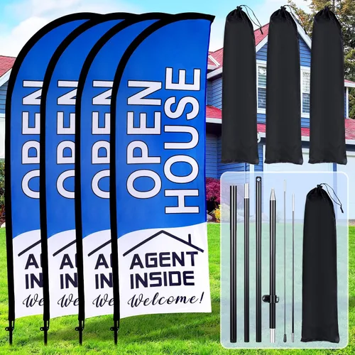 Miniatura 13 de Buryeah Paquete de 4 Banderas de Casa Abierta para Agentes de Bienes Raíces 7x5.4 Pies Letrero de Bandera Tipo Pluma con Asta de Bandera Estaca