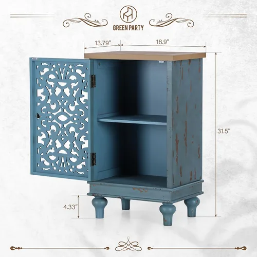 Miniatura 2 de GREEN PARTY Armario de almacenamiento, mesa auxiliar, mesita de noche, mesa de sofá con una sola puerta, patrón floral verde azulado para sala