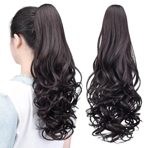 Miniatura 14 de Extensiones de cola de caballo, extensiones de cabello rizado con clip de garra de color marrón oscuro para mujer, peluca sintética de cola