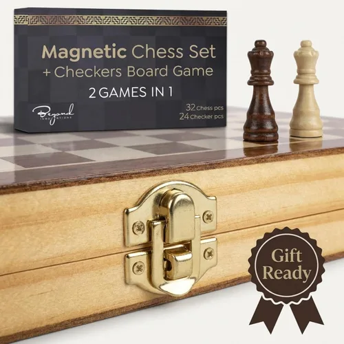 Miniatura 6 de Juego de ajedrez magnético de madera y juego de mesa de damas, tablero de ajedrez plegable de 15 pulgadas Juego de mesa 2 en 1 de madera maciza