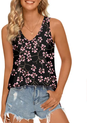 Miniatura 2 de LONGYUAN - Camisetas sin mangas de verano para mujer con diseño casual y holgado, blusa tipo túnica con cuello en V y aberturas laterales
