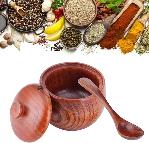 Miniatura 6 de Olla de especias de madera, bodega de sal de madera natural con tapa y cuchara, contenedor de azúcar, tarro de especias vintage, recipiente