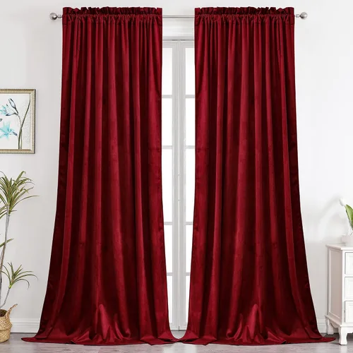 Miniatura 13 de Benedeco - Cortinas de terciopelo burdeos para ventana de dormitorio con pompón, cortinas de lujo súper suaves, oscurecimiento y aislamiento térmico