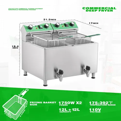 Miniatura 6 de NUPANT Freidora comercial de 25.3 cuartos de galón / 24 litros con filtración de aceite y temporizador, freidora eléctrica con 2 cestas y tapas