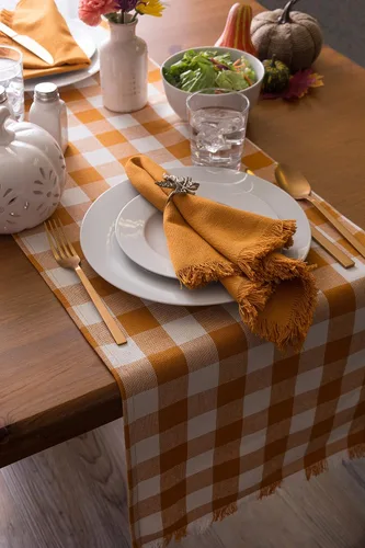 Miniatura 6 de DII - Colección de mesa con flecos pesados y cuadros, camino de mesa, 14x72 pulgadas, calabaza y especias Naranja