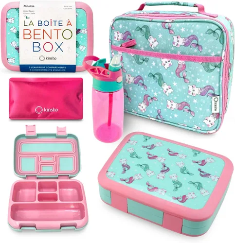 Miniatura 15 de Lonchera Bento con bolsa aislada, juego de botella de agua para niños pequeños, 5 secciones de porciones, bandeja extraíble sin BPA, almuerzos
