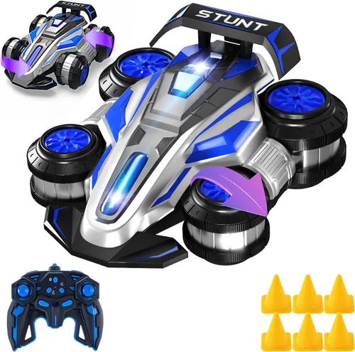 1:14 Auto de Juguete a Control Remoto con Giro de 360° para Niños, 4WD RC con Luces y Música, Auto de Cuatro Ruedas que se Levanta y se Da la Azul