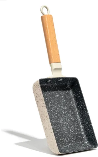Revestimiento de cerámica cuadrado japonés Tamagoyaki tortilla pequeña sartén, antiadherente rectangular huevo rollo pan con mango de madera Blanco