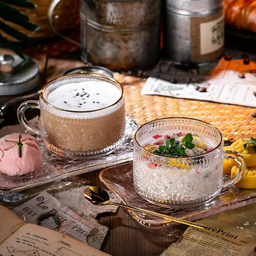 Miniatura 3 de Gezzeny Juego de tazas de café vintage, juego de tazas de vidrio con platillo y cuchara, plato transparente en relieve para té, desayuno y postre