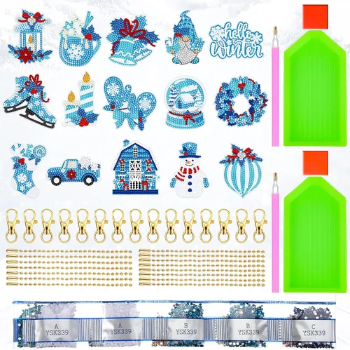 Miniatura 5 de BBTO 15 piezas de llavero de pintura de diamante de Navidad adornos de arte de diamantes de invierno muñeco de nieve, guantes de invierno
