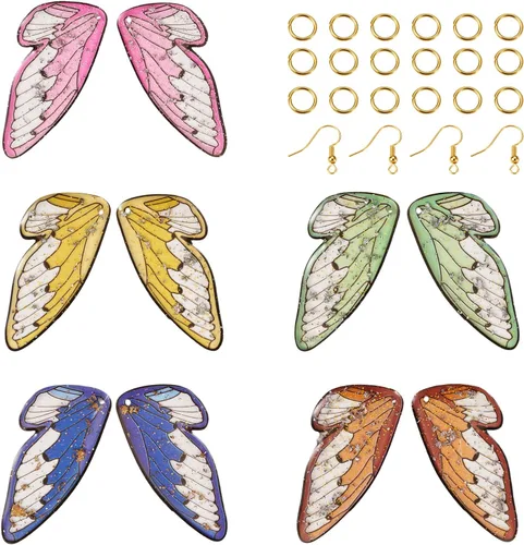 Miniatura 26 de FASHEWELRY 16 aretes de resina con alas de libélula y arco iris, mariposa, colgantes, alas de hada, coloridos dijes con ganchos para aretes, anillos