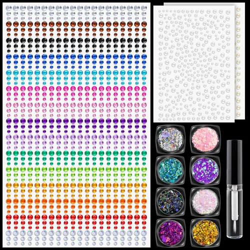 Juego de 8 gemas coloridas para la cara, calcomanías de perlas y purpurina gruesa, 1550 piezas de joyas de 0.236 a 0.236 pulgadas y 8 macetas con